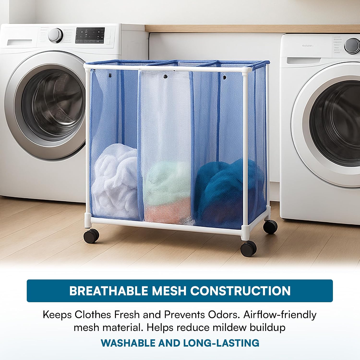 HMP-01629 3 bag mesh laundry sorter, 30.5" x 15.3" x 30" , Blue/White
