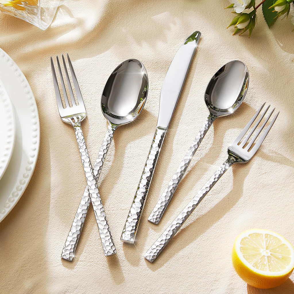 60 Piece Hammered Silverware Set, 18/10 Stainless Steel Flatware Set for 12