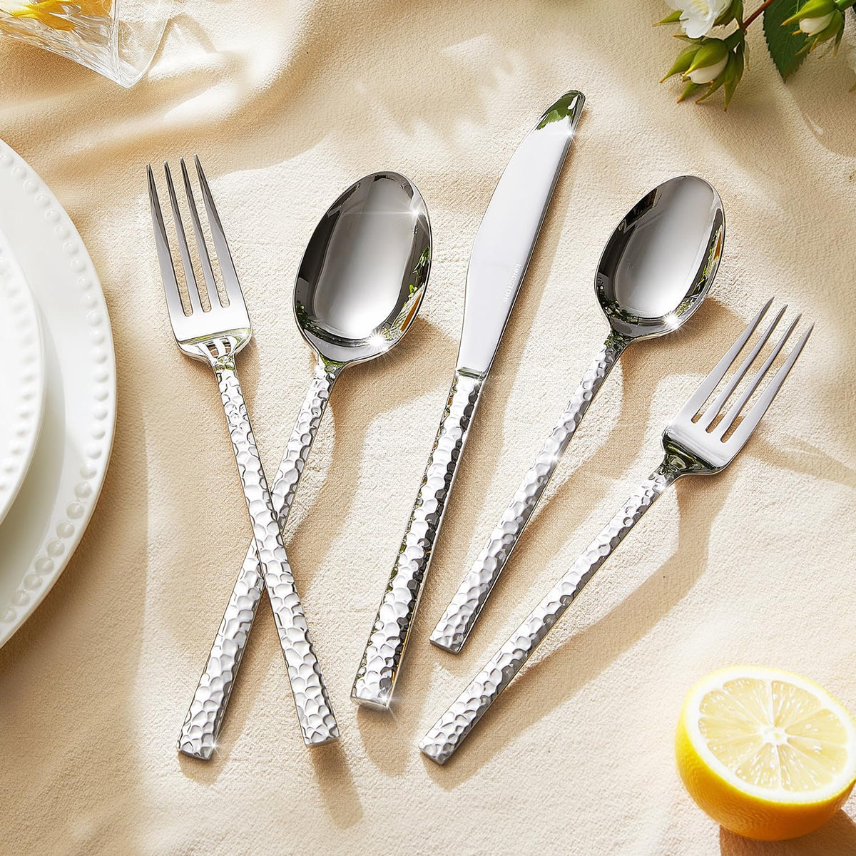 60 Piece Hammered Silverware Set, 18/10 Stainless Steel Flatware Set for 12