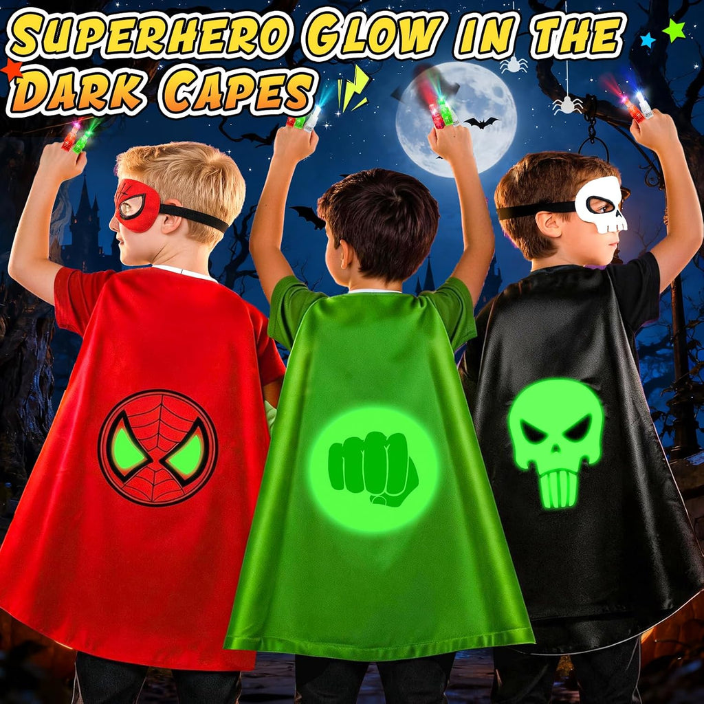 Glow in the Dark Superhero Capes, Halloween Costumes for Kids 3-12 | Finger Lights and Masks for Christmas, Birthday