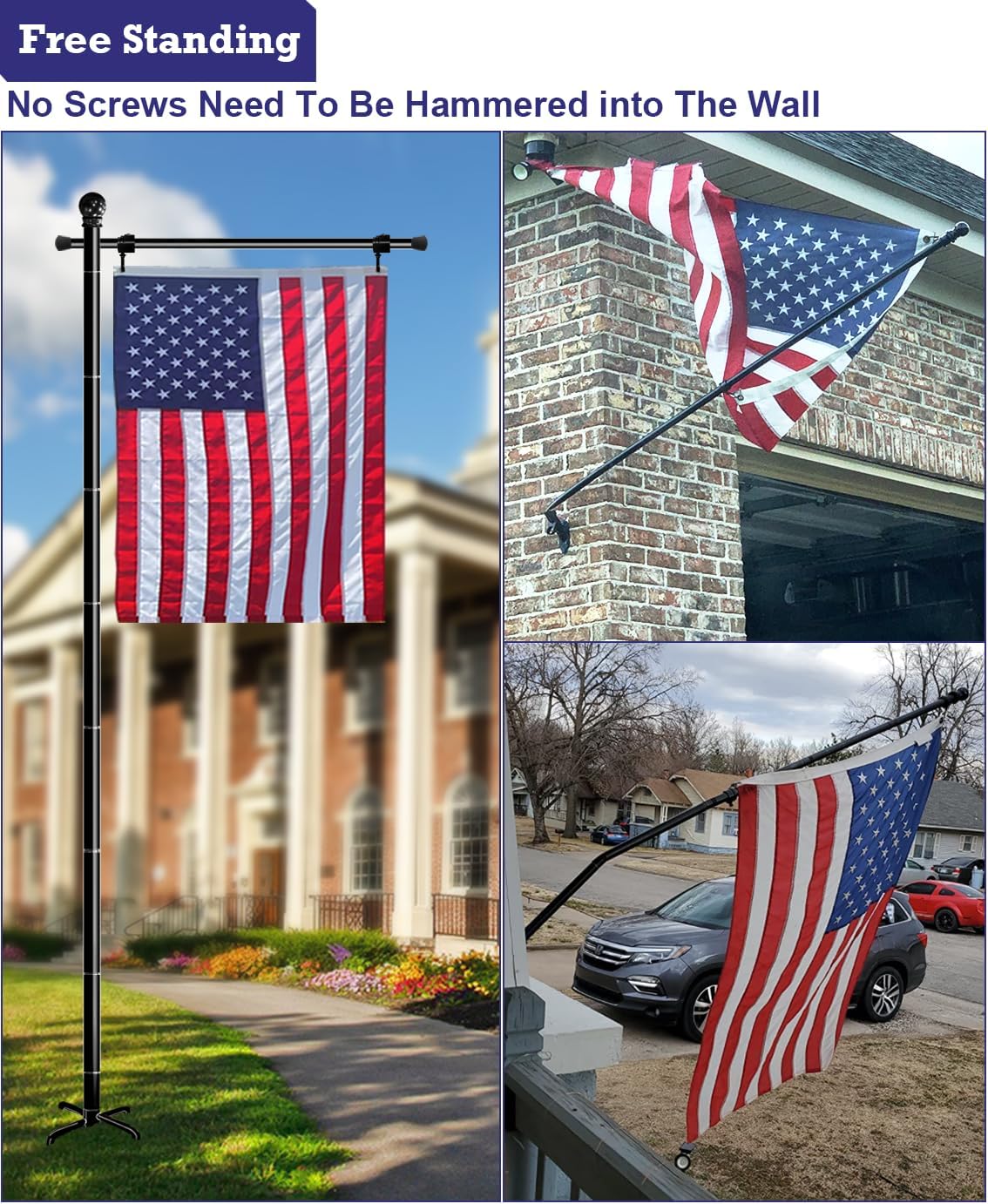 10FT Garden Flag Stand Pole for 3x5 Feet American Flags, Adjustable Flagpole with 5 Spikes Base for Outdoor Yard