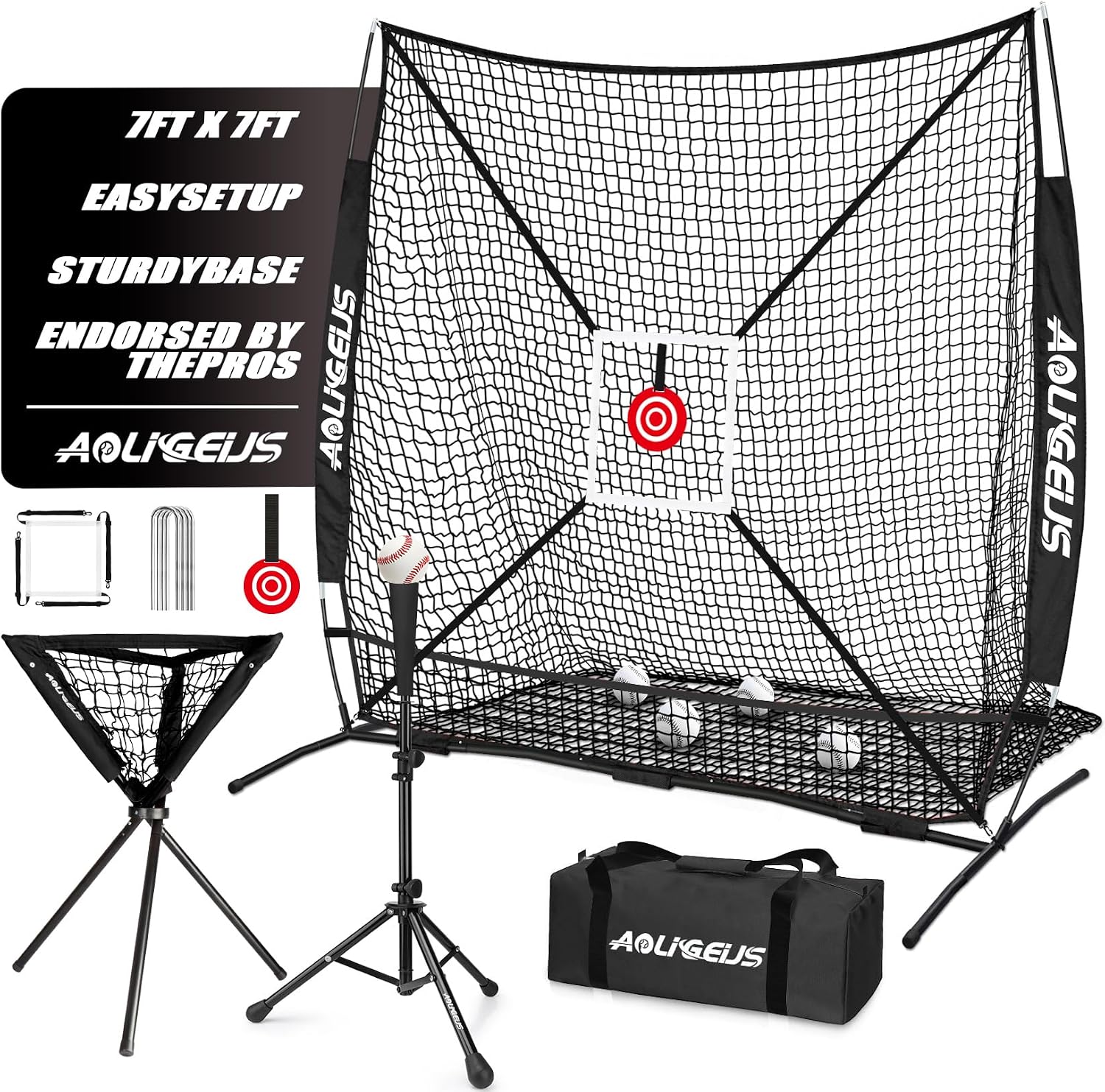 6'x6' Baseball Softball Practice Net, Batting Tee & Ball Caddy | Baseball Pitching Hitting Net with Strike Zone