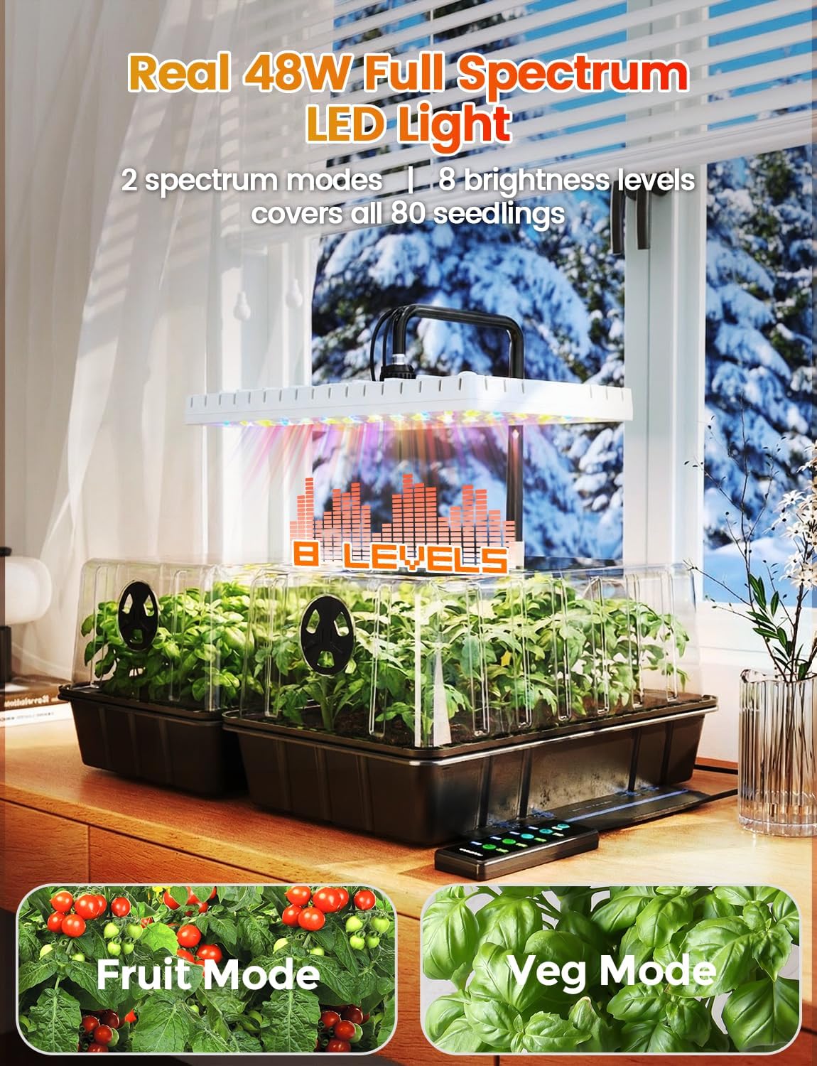 48W Full Spectrum LED Grow Light Seed Starter Kit, 80-Cell Tray with 30W Heating Mat & Adjustable Dome, Waterproof