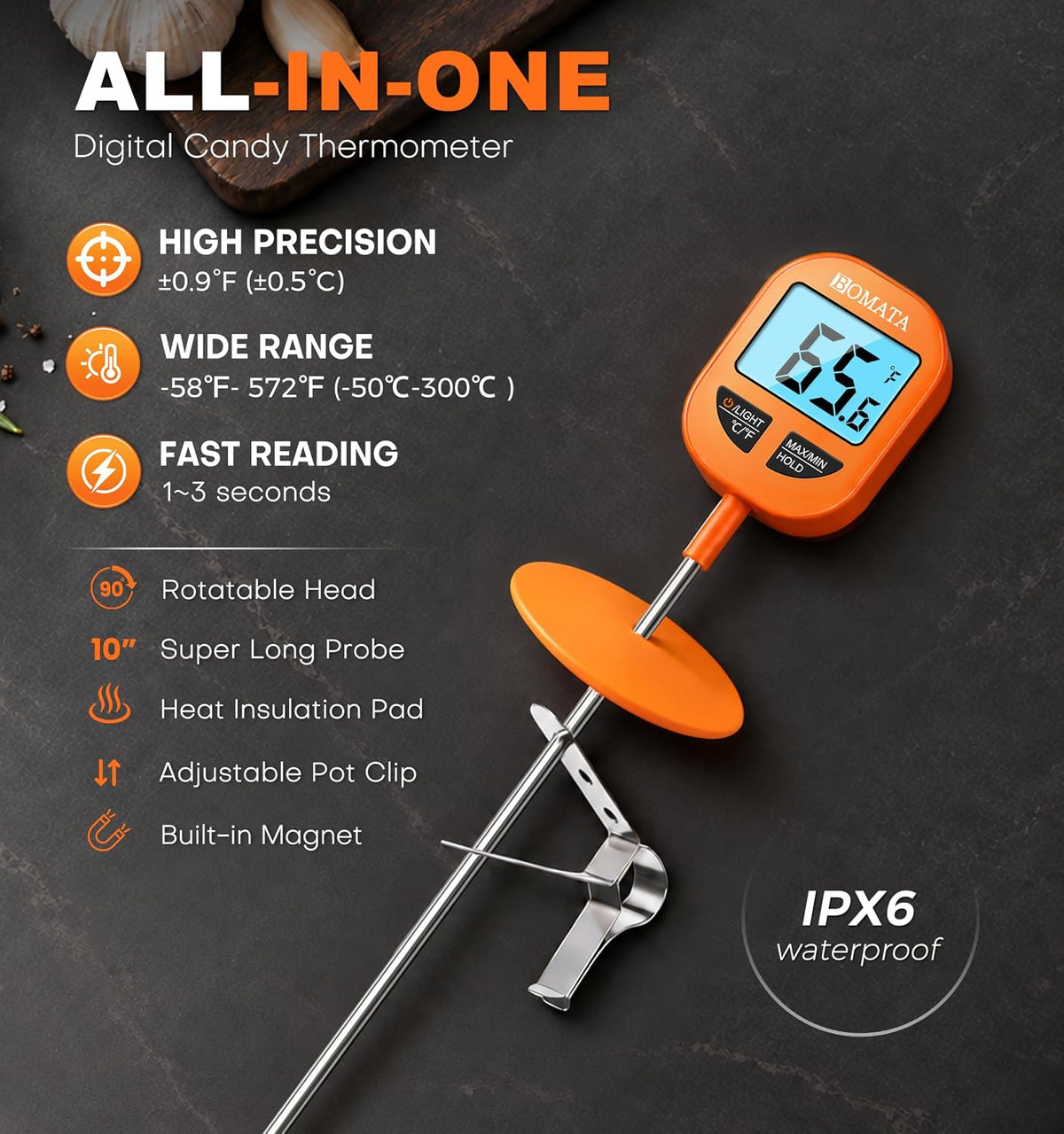 Digital Candy Thermometer with Pot Clip, 10" Probe, IPX6 Waterproof