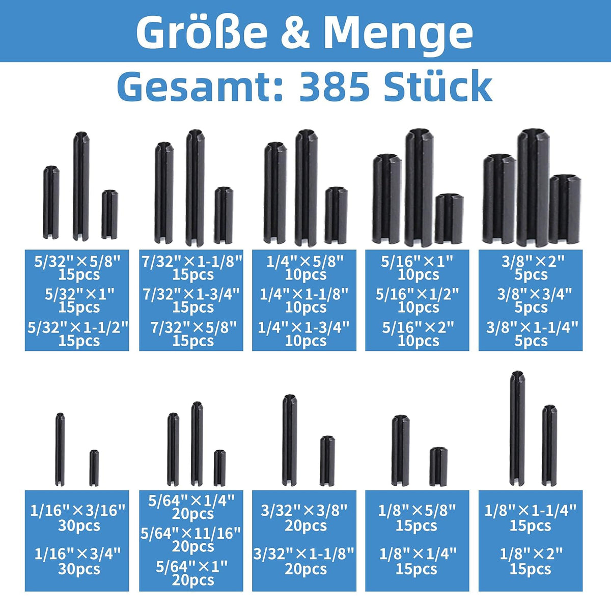385PCS SAE Roll Pin Set (26 Sizes)