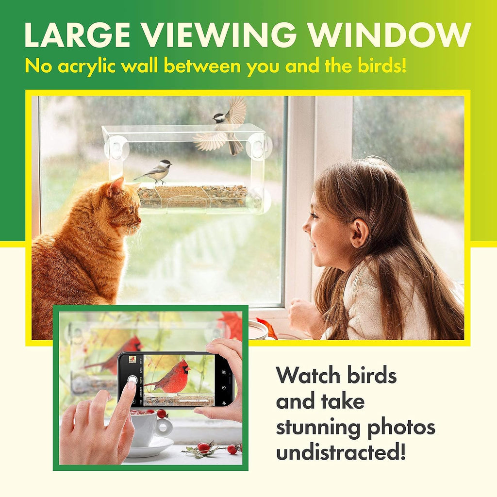 D.F. Omer Window Bird Feeder with 3 Section Tray and Roof Cover, Weatherproof Outdoor Suction Cup Hanger Acrylic