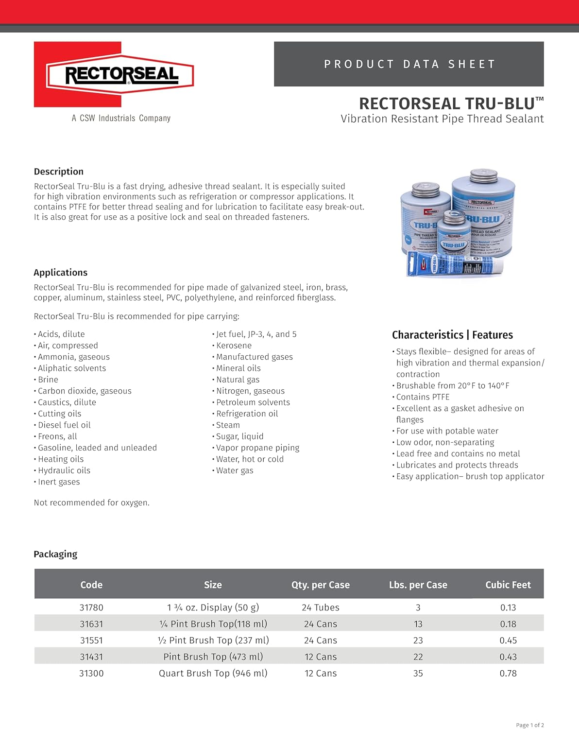 Tru-Blu 31431 Pipe Thread Sealant, Fast-Dry, Flexible Set Thread Sealant Designed for High Vibration Environments