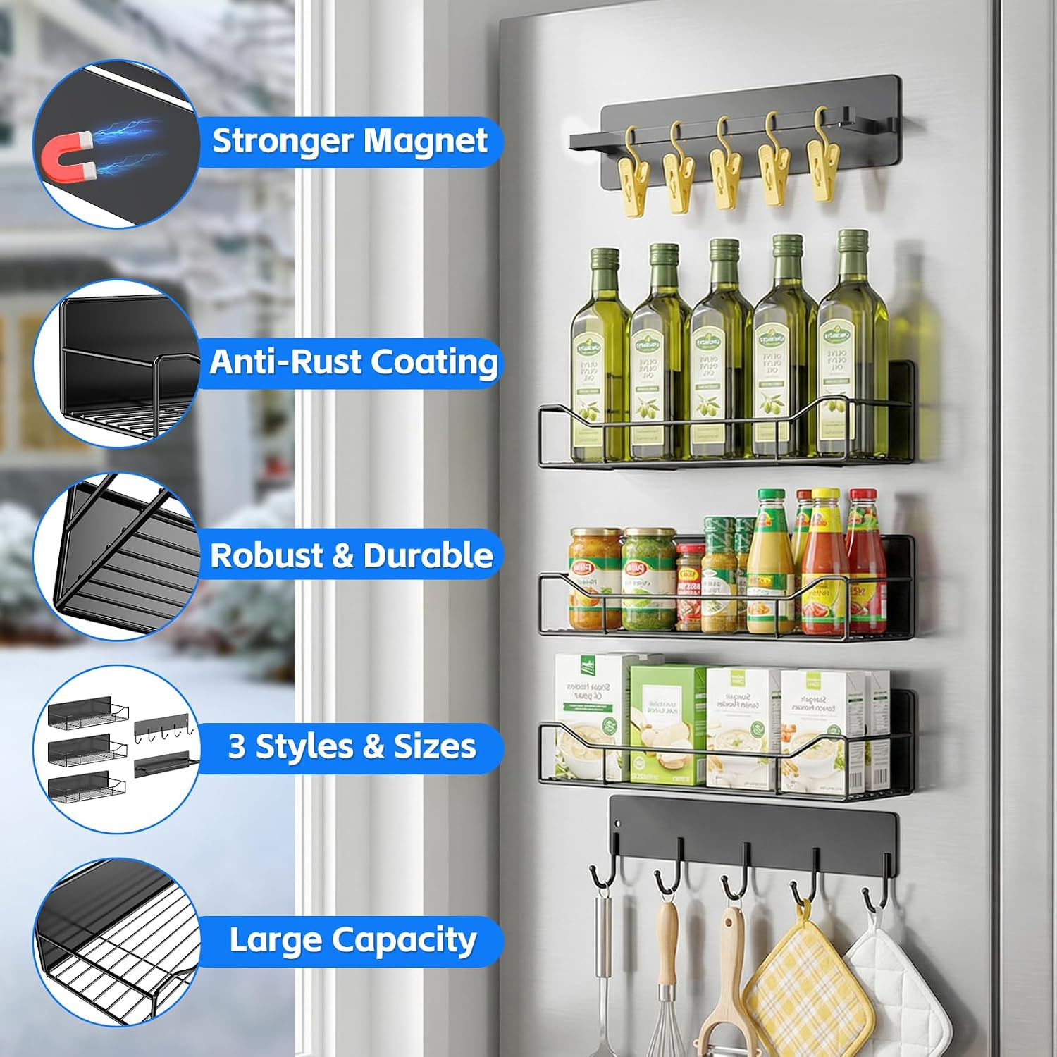 Magnetic Shelves for Washing Machine, 5 Pack Heavy Duty Laundry Shelf Organizer with Hooks, Strong Magnetic Storage