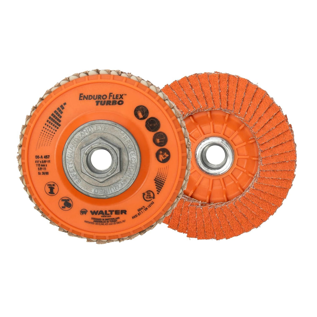 Walter Enduro-Flex Turbo Flap Disc, Ceramic Abrasive, 4.5" X 5/8"-11 Grit 36/60 Metal Hub, Pack of 10 (06A457)