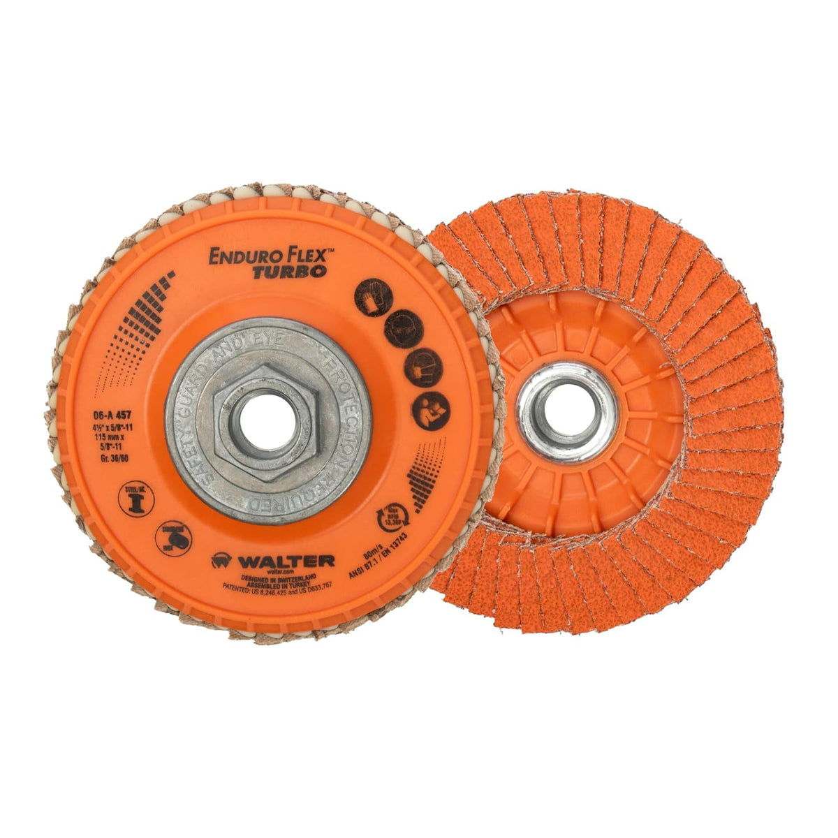 Walter Enduro-Flex Turbo Flap Disc, Ceramic Abrasive, 4.5" X 5/8"-11 Grit 36/60 Metal Hub, Pack of 10 (06A457)