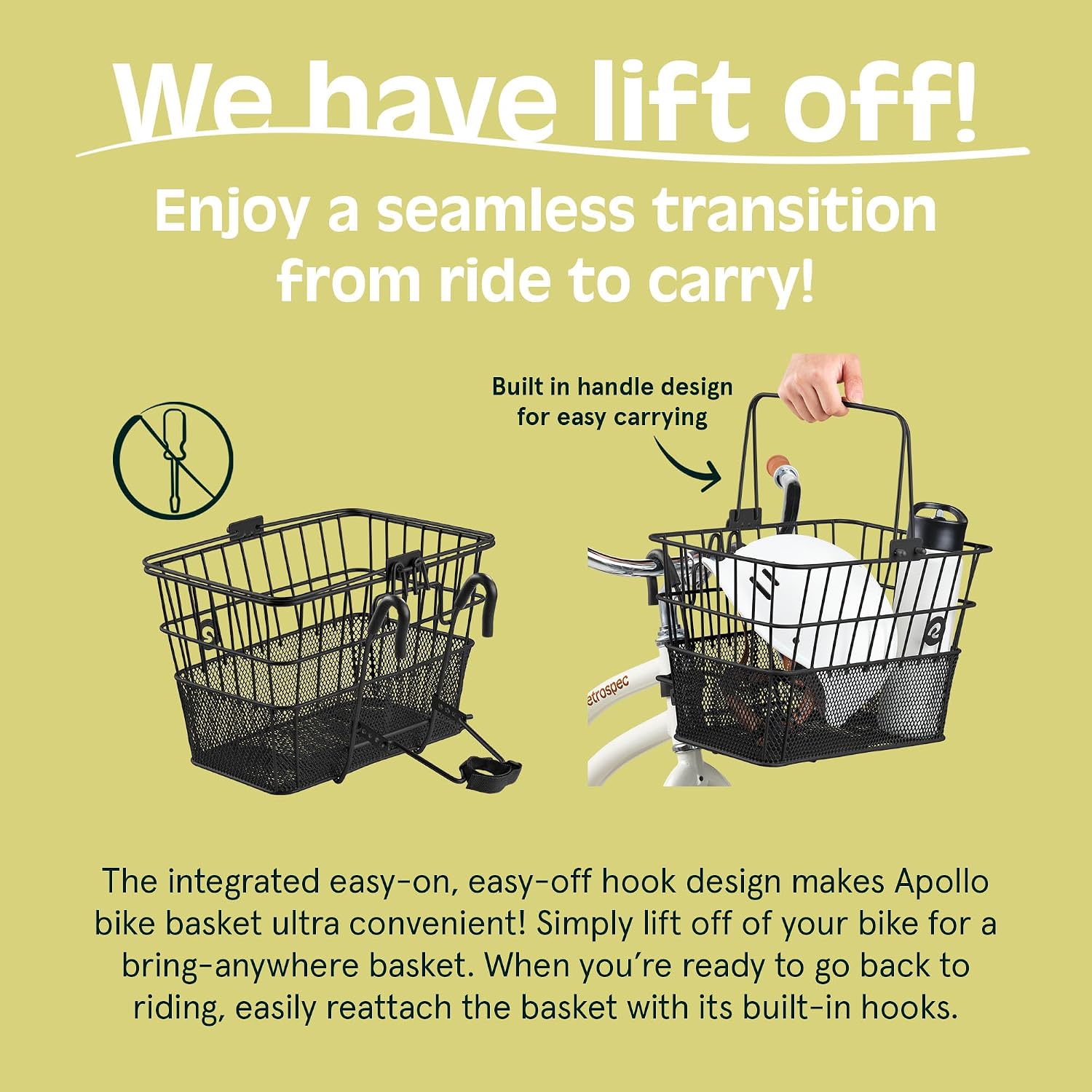 Apollo Detachable Front Bike Basket Steel Half-Mesh with Integrated Detachable Hooks and Built-In Handle, Easy