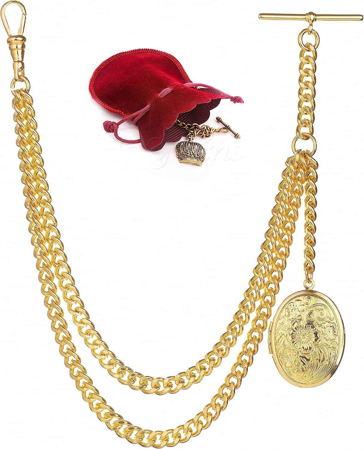 Handmade in The UK Gold Colour Single Albert Pocket Watch Chain with Locket Pendant