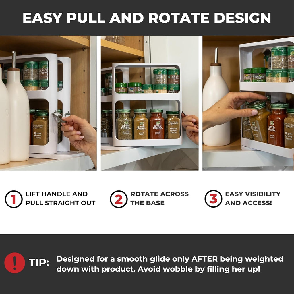 Spice Rack Organizer for Cabinet - Slide & Rotate Kitchen Organizers and Storage - 2 Double-Decker Shelves - Non-Skid