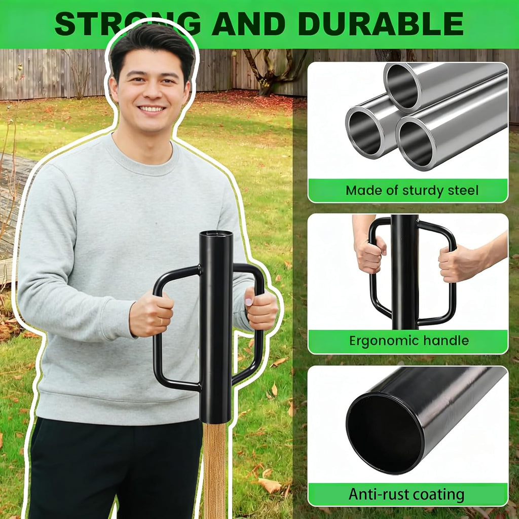 1 Pack 24 Inch Fence Post Driver with Handle 12LB Black Iron T Post Pole Pounder Hand Post Rammer for U Fence Post