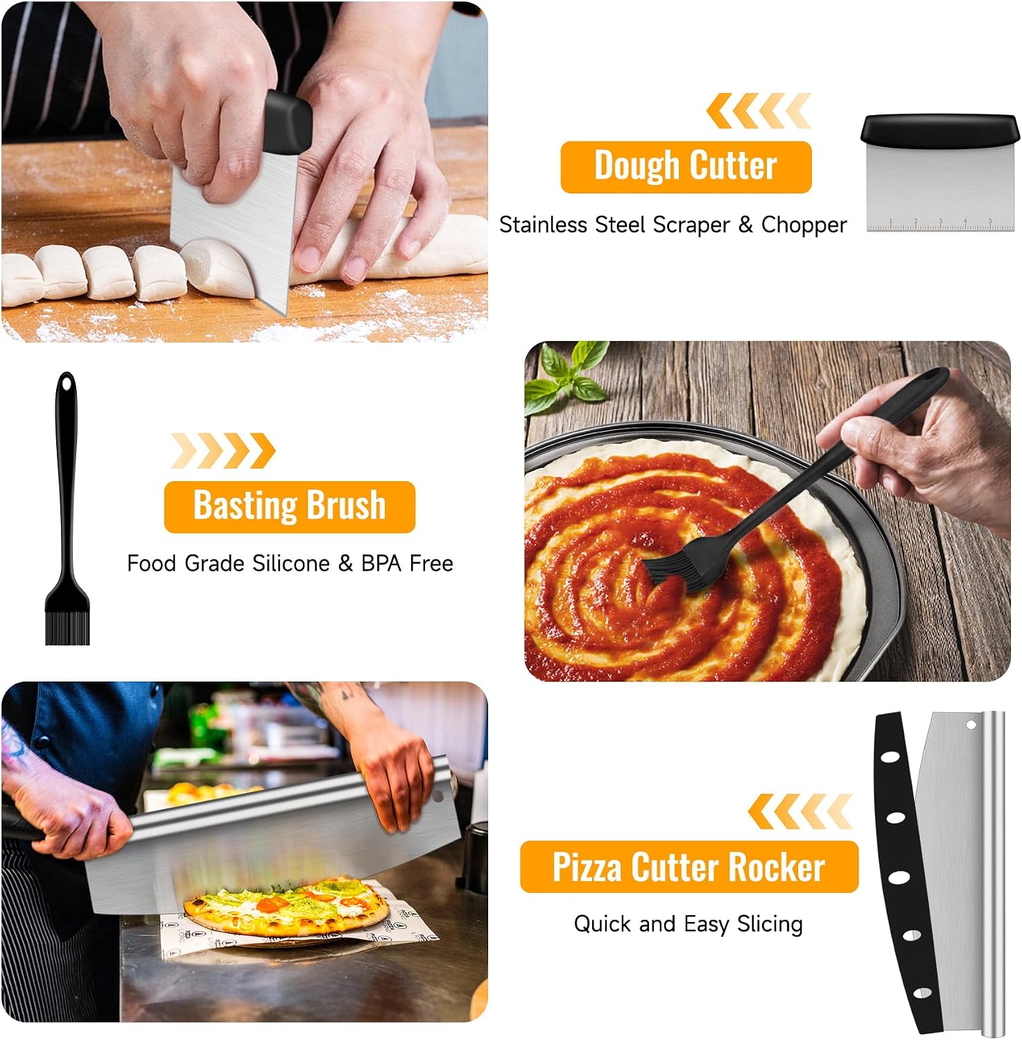 Pizza 7PCS Pizza Peel Pizza Pan Set, 12" x 14" Pizza Spatula, Aluminum Pizza Paddle with Rocker Cutter Scraper Pie