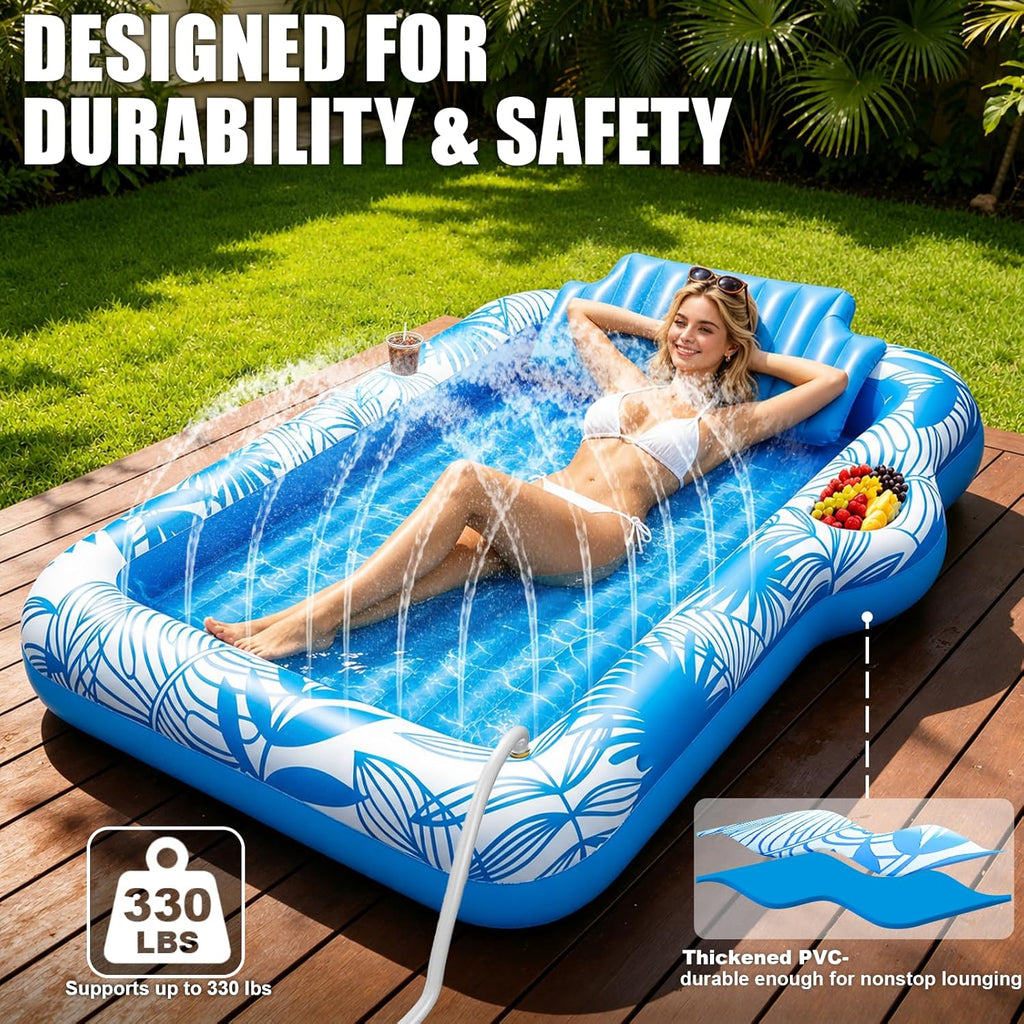 Inflatable Tanning Pool Lounger Float with Sprinkler, Extra Large Pool Floats Adult with Pillow 6 in 1 Suntan Tub