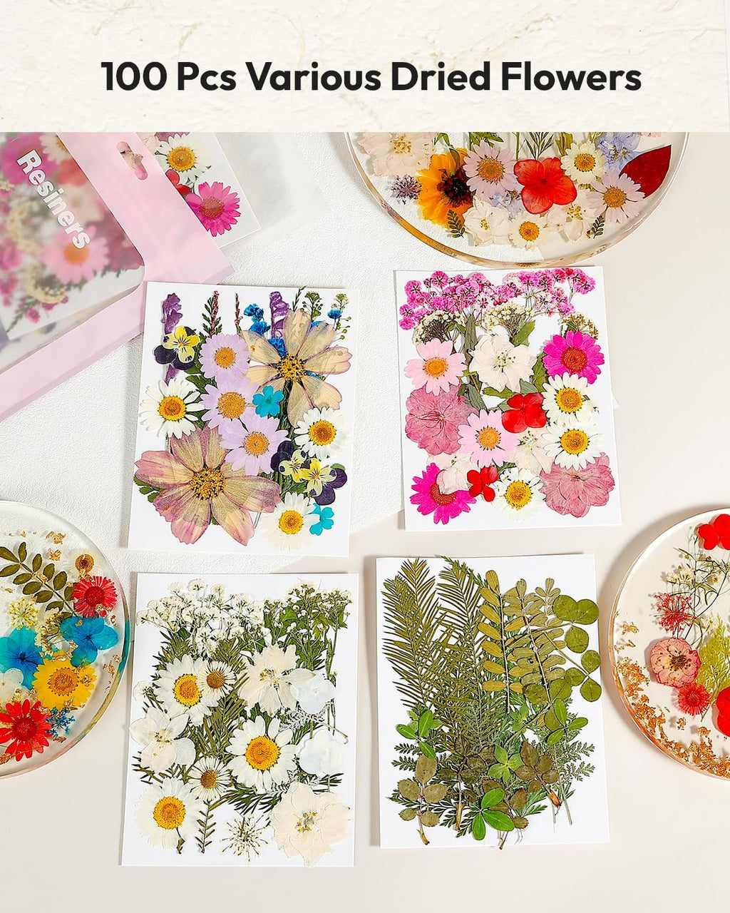 Dried Flowers, Resiners 100Pcs Pressed Flowers for Craft Purple Real Natural Dried Flowers Dry Leaves Kit for DIY