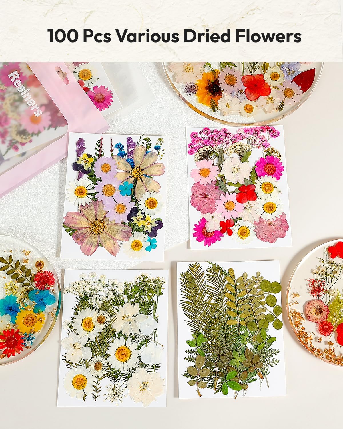 Dried Flowers, Resiners 100Pcs Pressed Flowers for Craft Purple Real Natural Dried Flowers Dry Leaves Kit for DIY