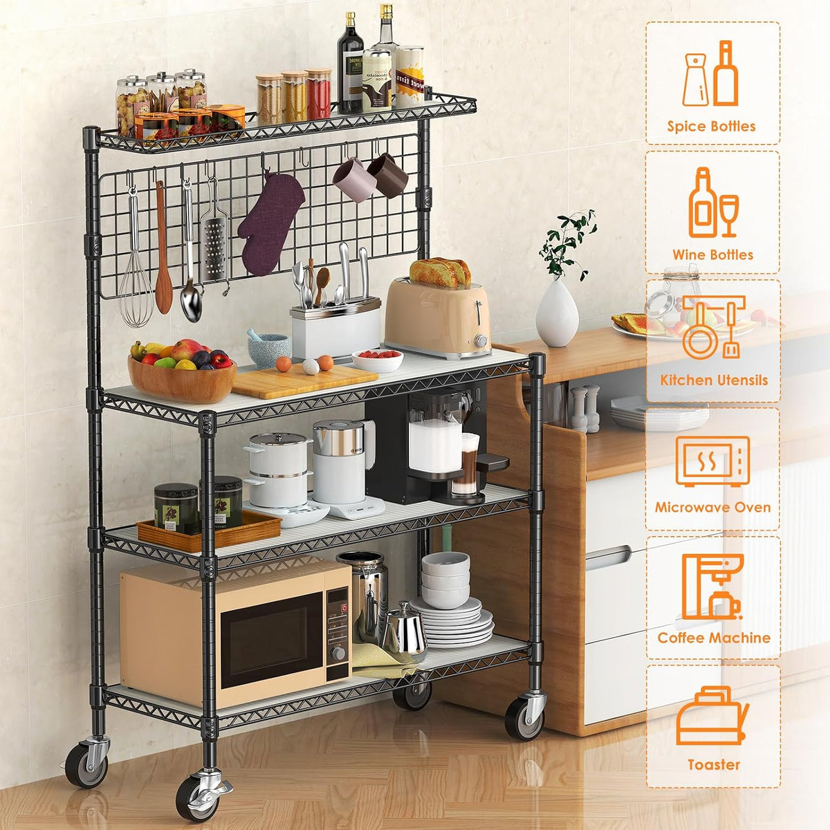 Bakers Rack with Storage & Wheels, 42In Microwave Stand Kitchen Shelves