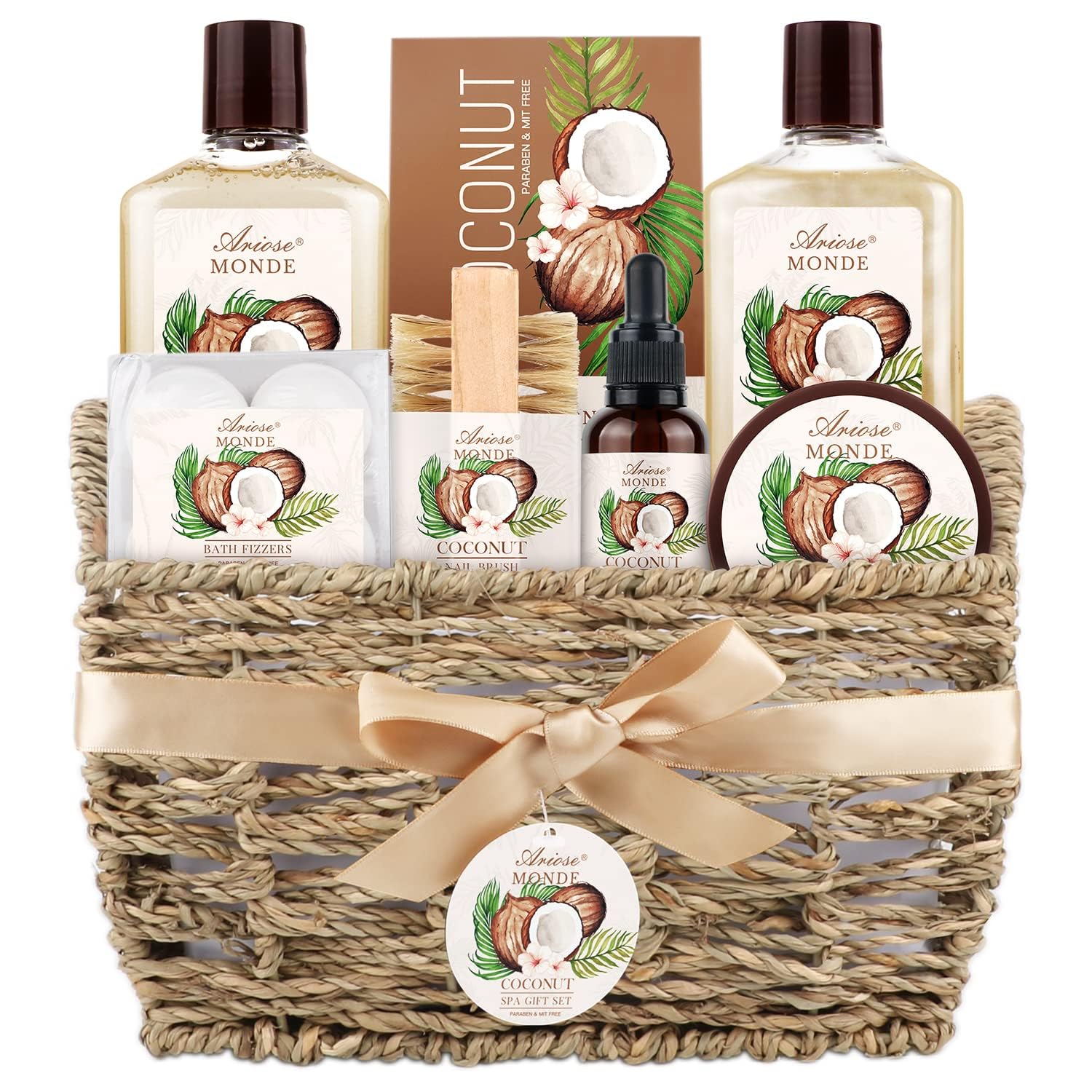 Bath & Shower Spa Basket Gift Set, Coconut Scent, with Shower Gel, Bubble Bath,Body Lotion, Bath Bomb,Bath Salt, Bath