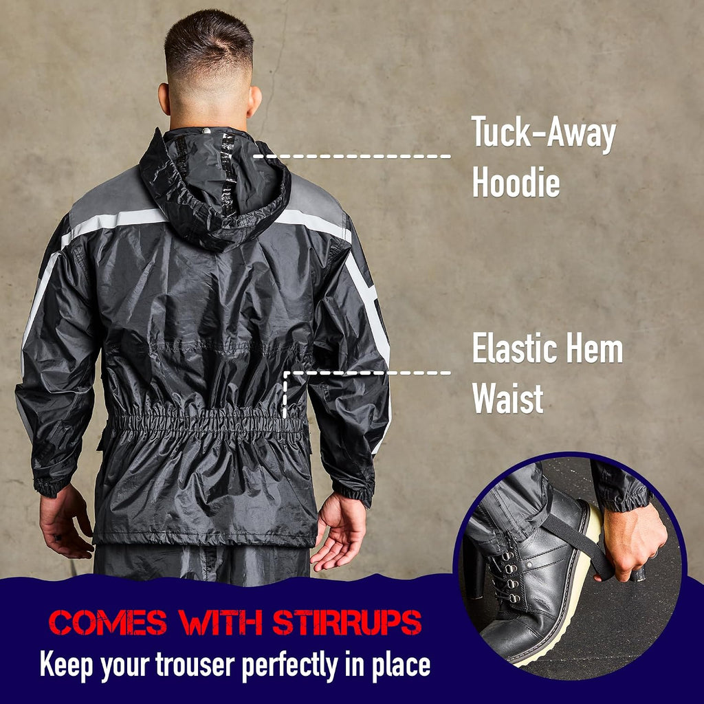 Waterproof Motorcycle Rain Suit, 2-Piece Reflective Gear, Lightweight Riding Jacket & Pants, Protective Raincoat with