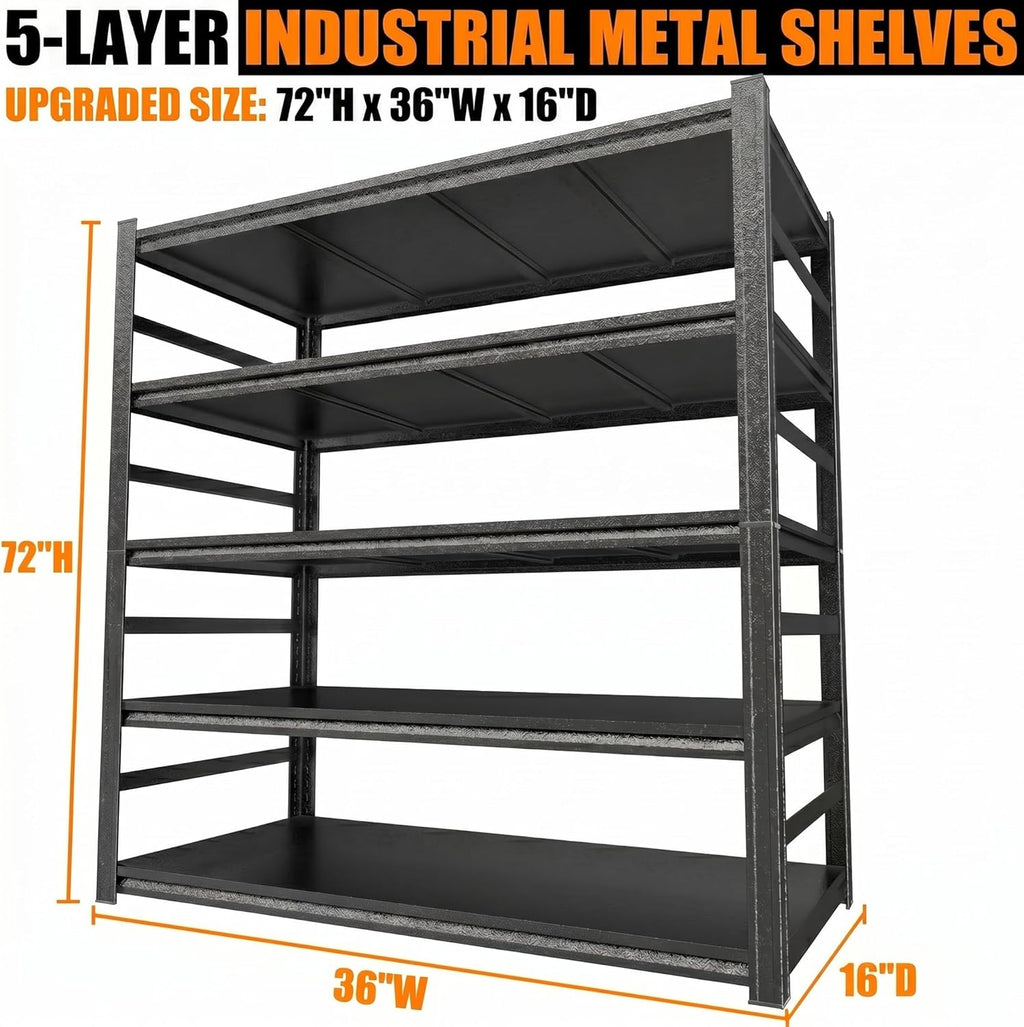 Upgrade 72" H Garage Shelving Unit, 3500LBS Heavy Duty 5-Tier Metal Storage Shelves with Anti-Fall Rails, Adjustable