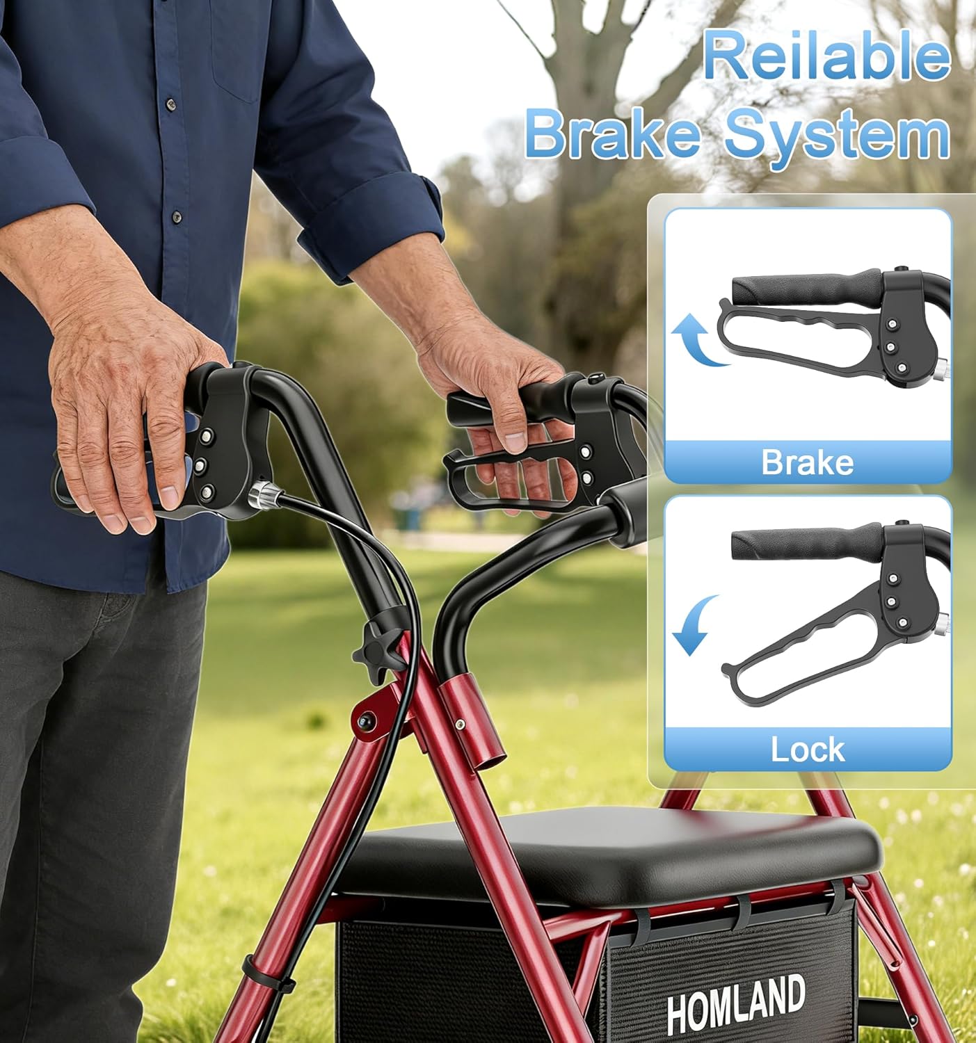 Walkers for Seniors with Seat, Portable Rollator, Red | 16 lb Lightweight, 5-Level Height Adjustable, 22" Wide for