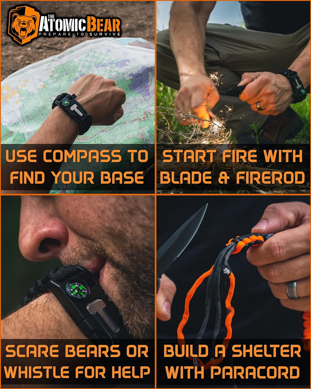 Atomic Bear Paracord Bracelet (2 Pack) - Adjustable - Fire Starter - Loud Whistle - Perfect for Hiking, Camping