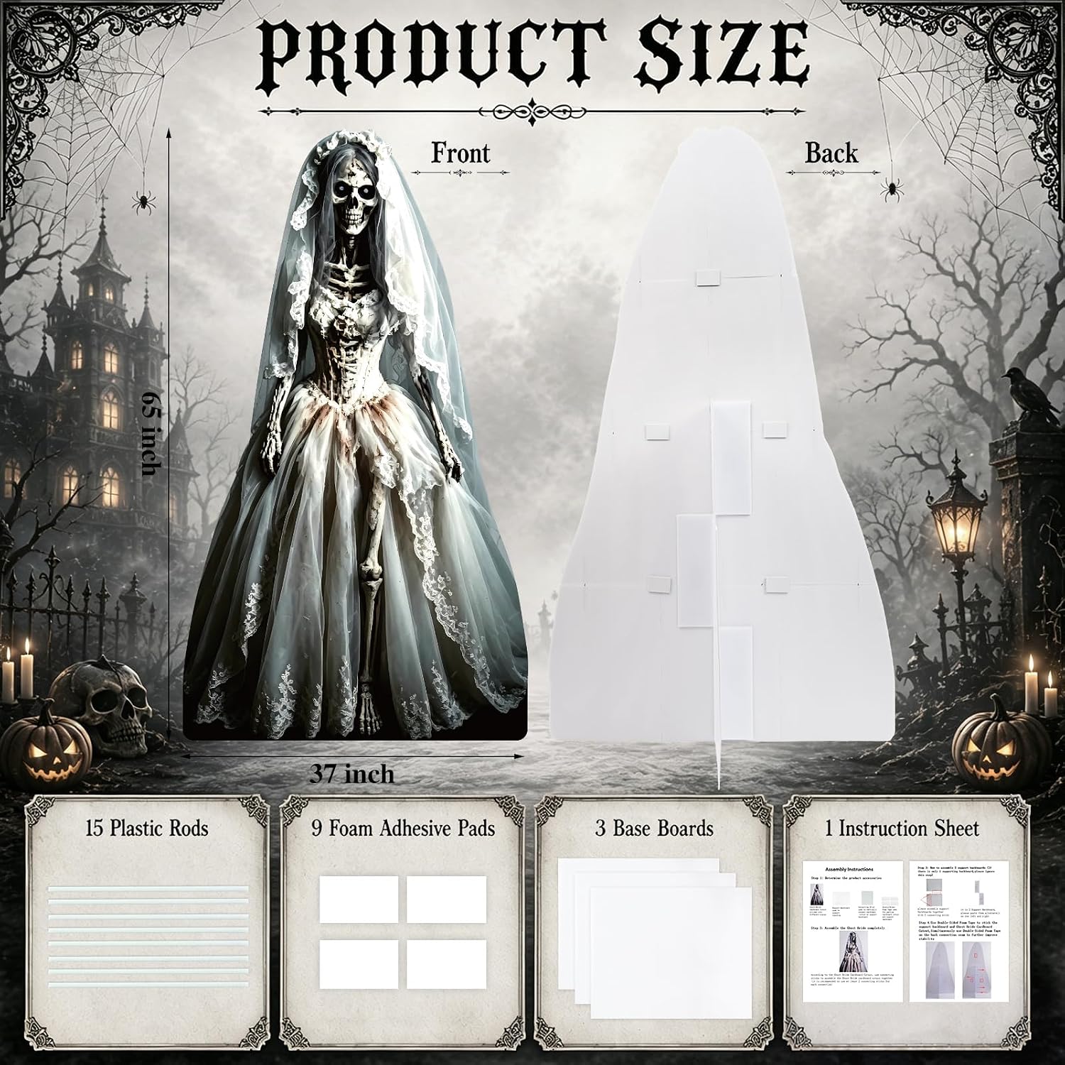 5.4ft Halloween Ghost Bride Cardboard Cutout Scary Skeleton Woman Standee Props Haunted House Party Decorations