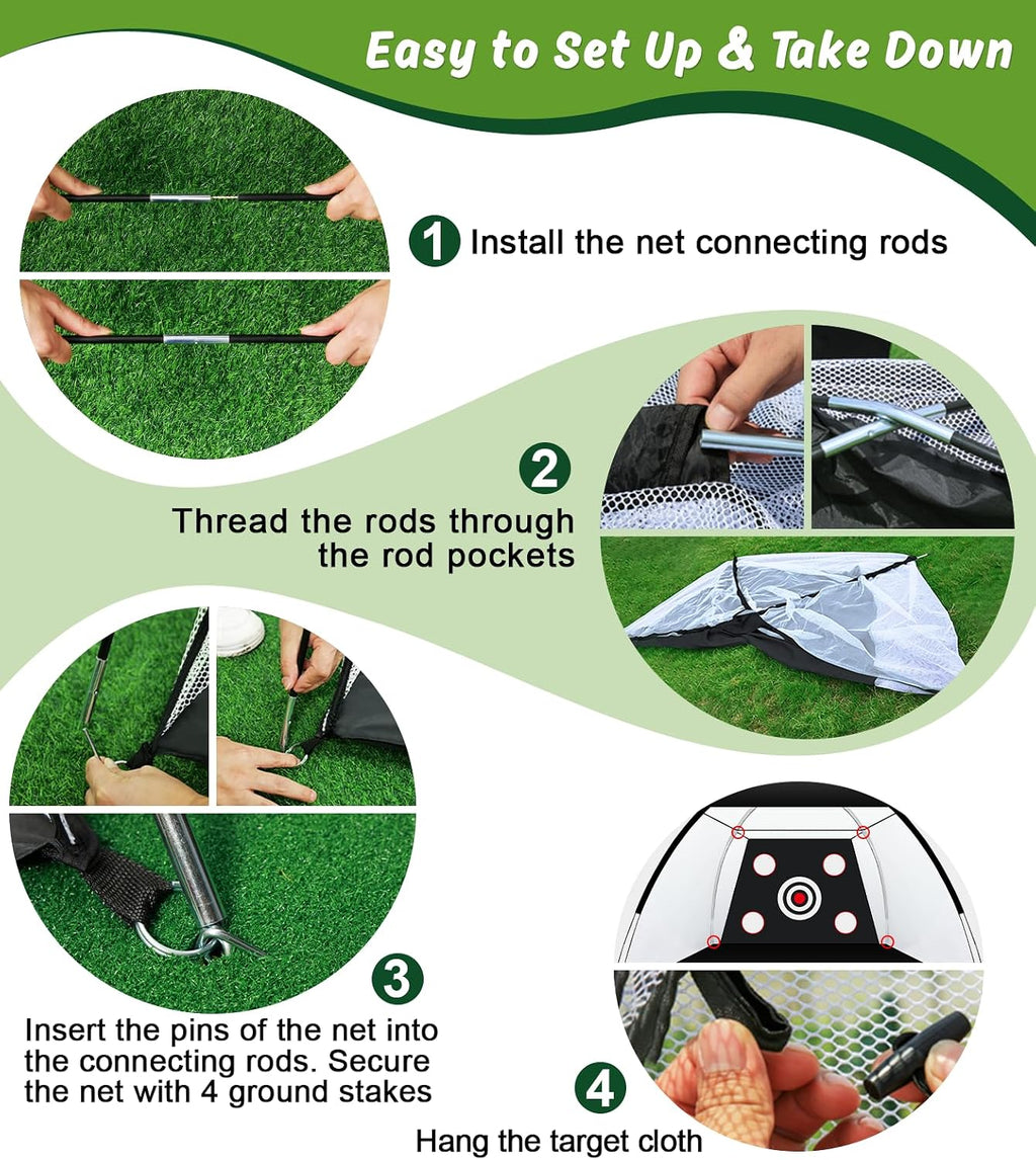 Golf Net: 10x7ft Golf Practice Net for Backyard Chipping Driving with Dual-Turf Golf Hitting Mat, All-in-1 Outdoor