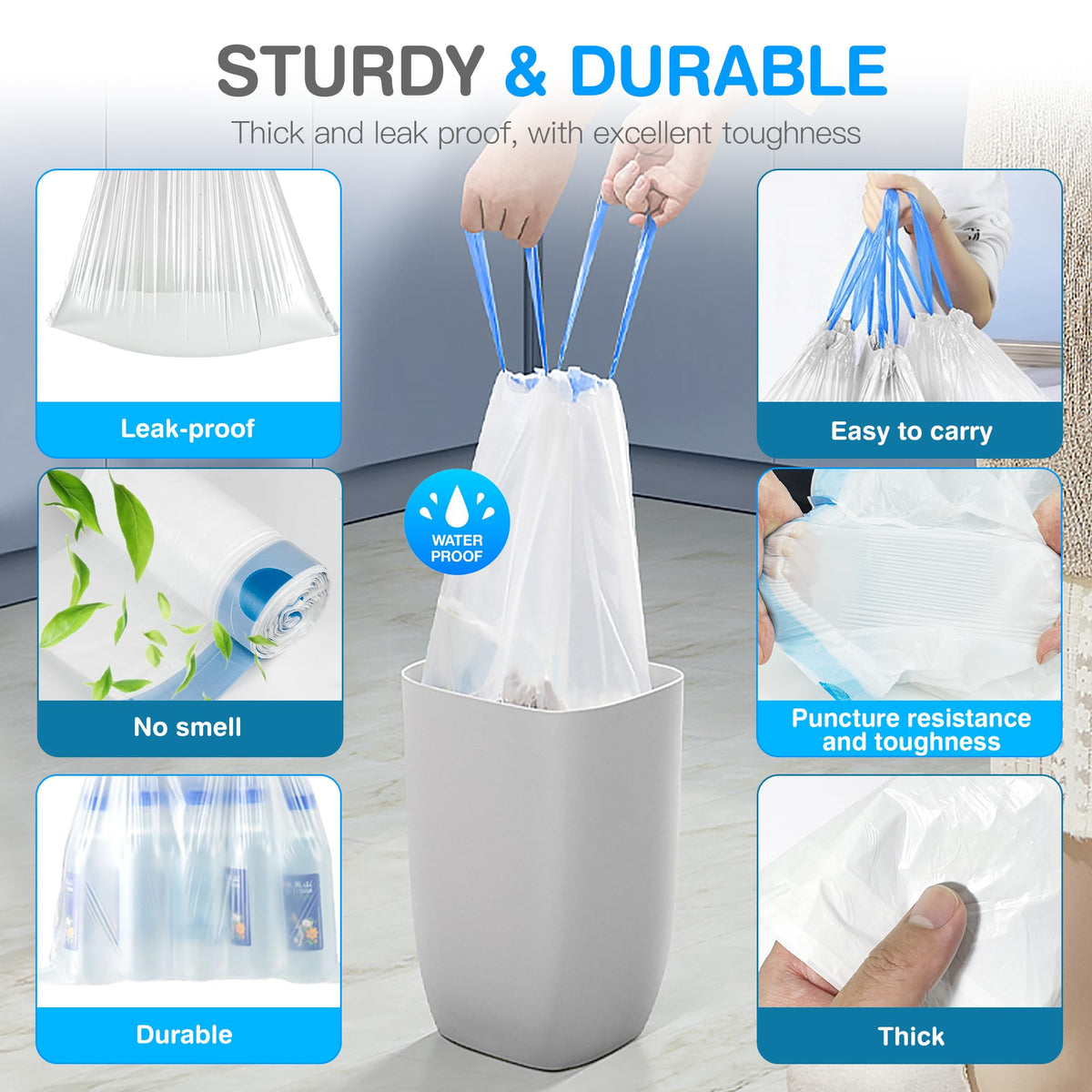 Small Trash Bags 4 Gallon, 200 Count Drawstring Mini Garbage Bags