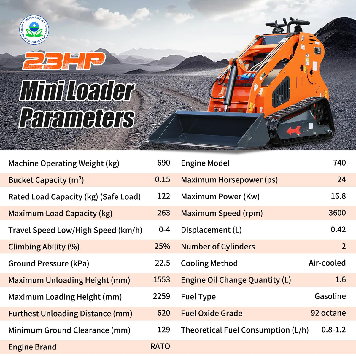 DS360,Mini Skid Steer Loader 23HP Gas Powered Stand On Compact Track Loader