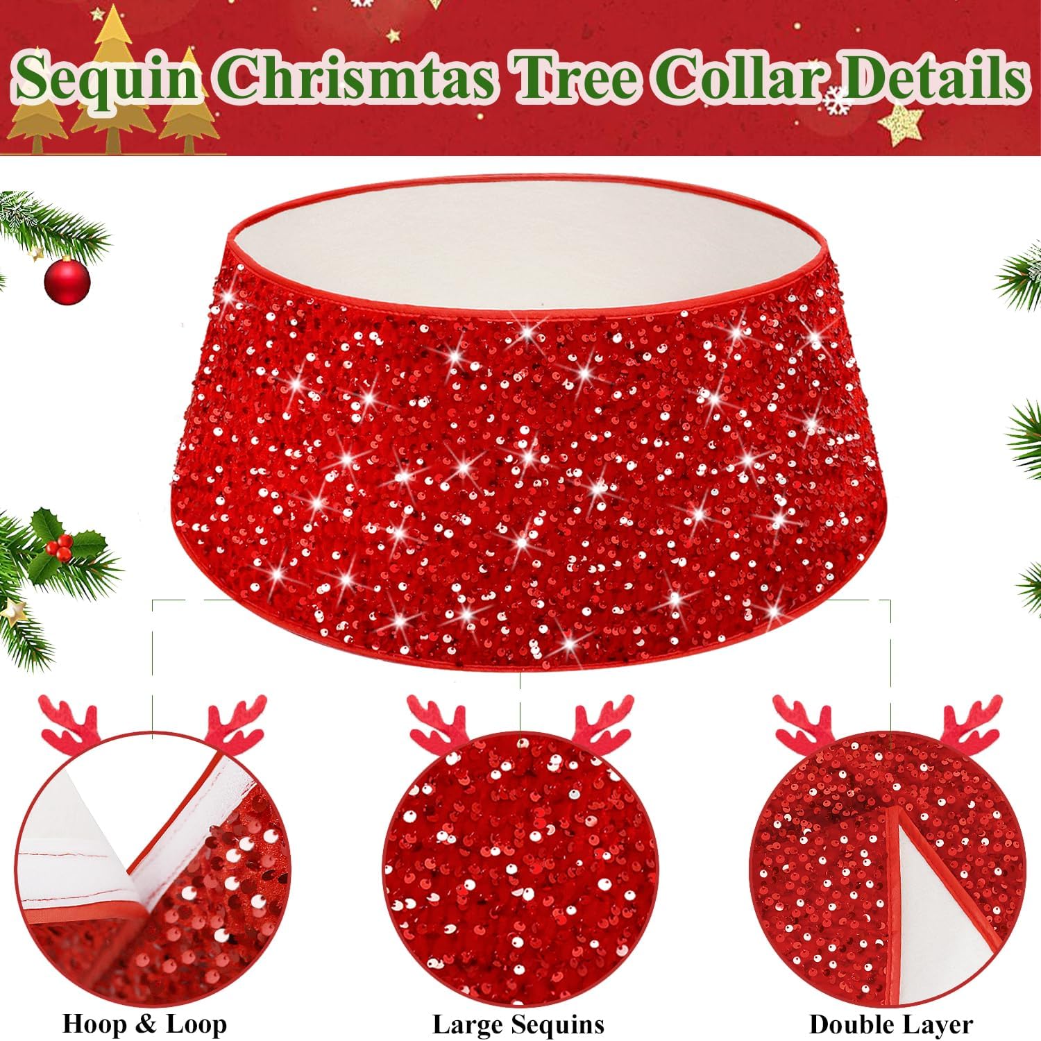Red Christmas Tree Collar Glittery Xmas Tree Rings Sequins Christmas Tree Base 24 Inch Velvet Xmas Tree Skirt