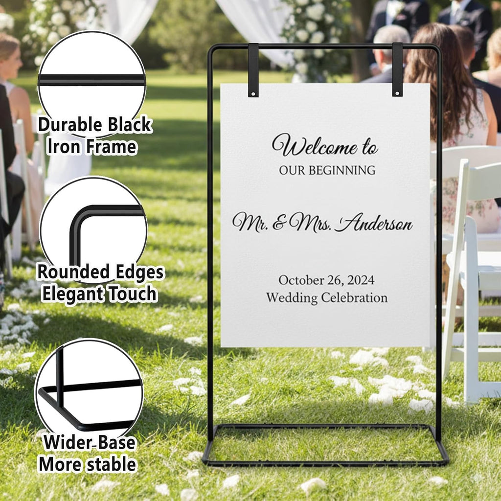 Wedding Welcome Sign Stand, Black Easel | Leather Sign Hanging Straps, Linen Sign Stand