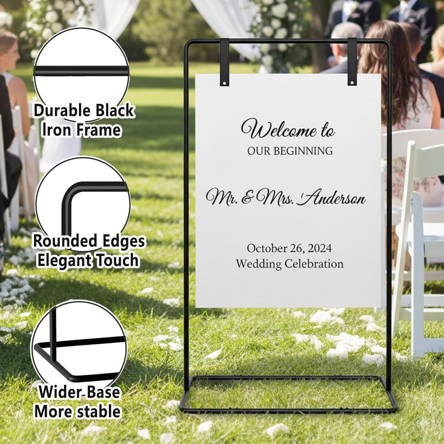 Wedding Welcome Sign Stand, Black Easel | Leather Sign Hanging Straps, Linen Sign Stand