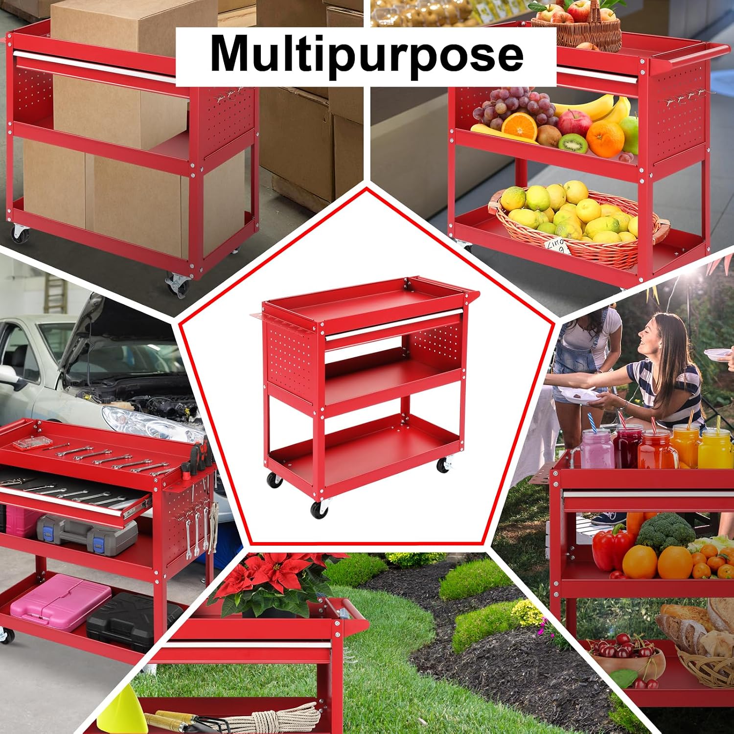 3 Tier Steel Utility Tool Cart with Drawer & Pegboard, Red | 330 lbs Capacity Rolling Service Cart with Lockable