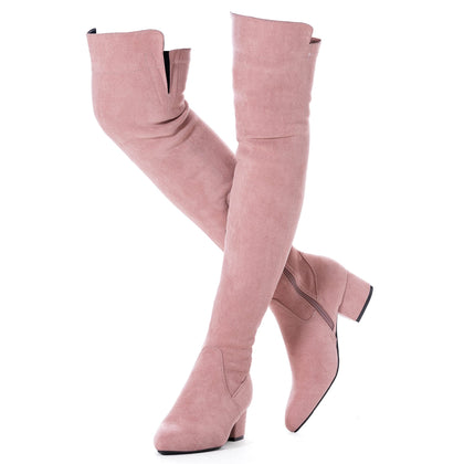Women Over The Knee Boots Suede Thigh High Low Block Heel Pink Size 7 Stretch OTK Walking Comfort