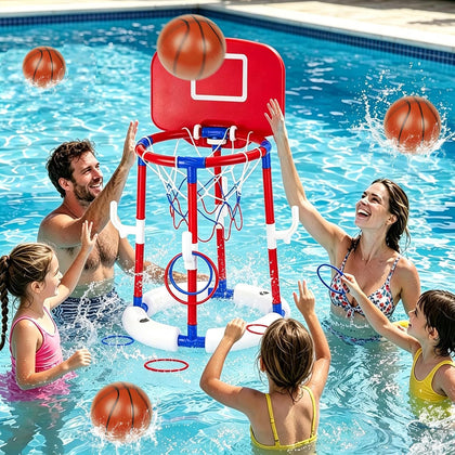 Red Floating Pool Basketball Hoop with Backboard, 2-in-1 Poor Toy Basketball & Ring Toss Game with 4 Balls, 6