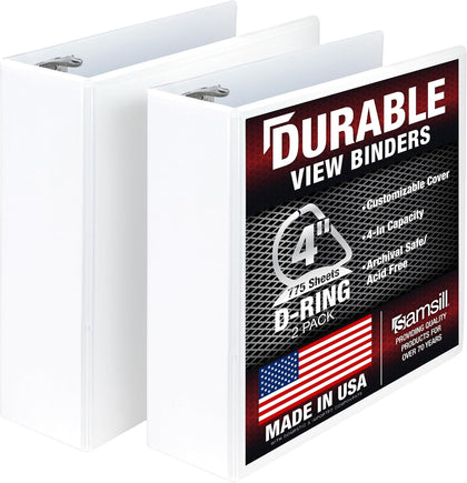 Durable 4 inch 3 Ring Binder, D Ring Binder, 100% Recycled Chipboard, White, 2 Pack