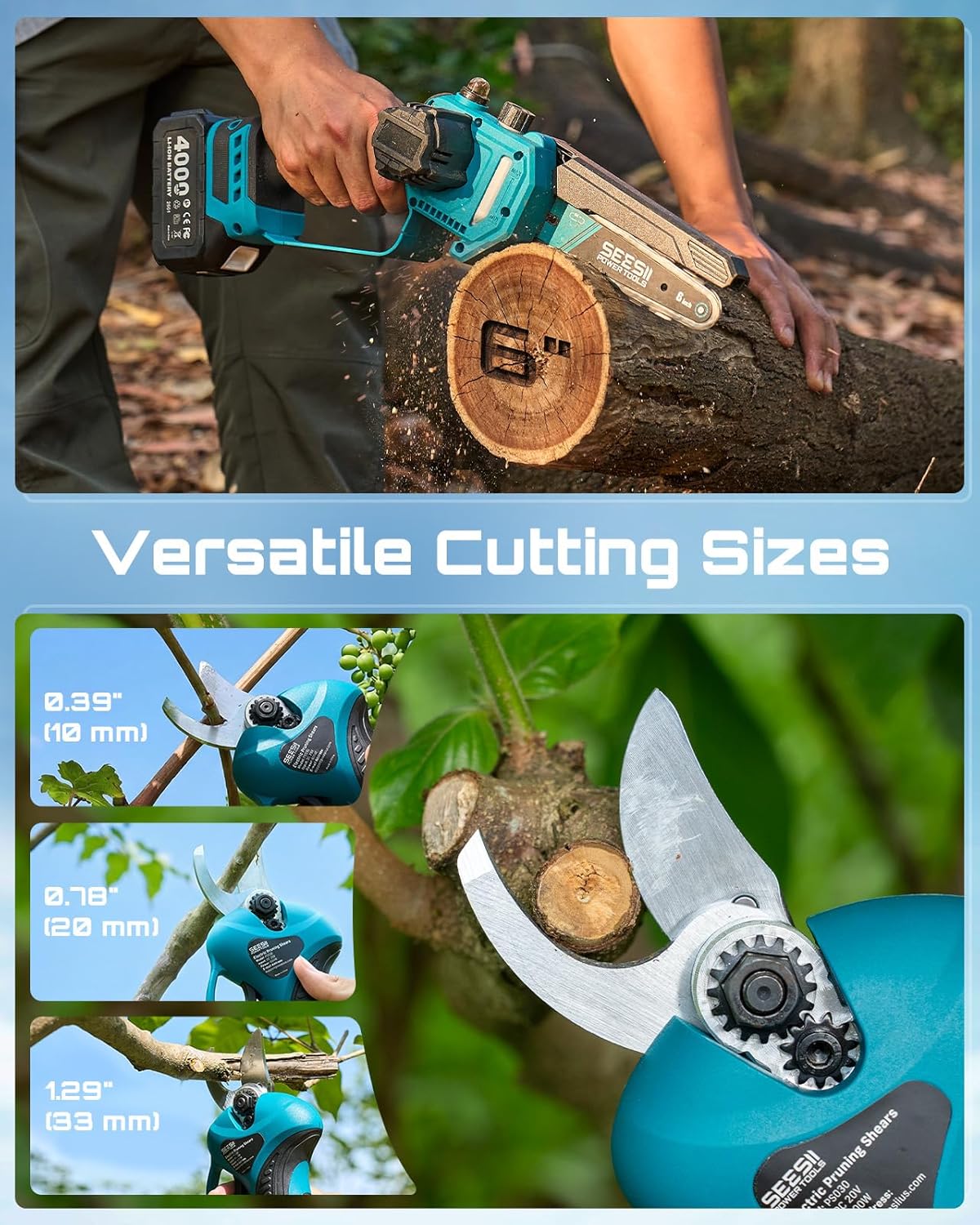 4-in-1 Pole Saw & Pruning Shears Combo Kit with Brushless Motor | 2 x 4000mAh Batteries, 6" Mini Chainsaw & 1.2"