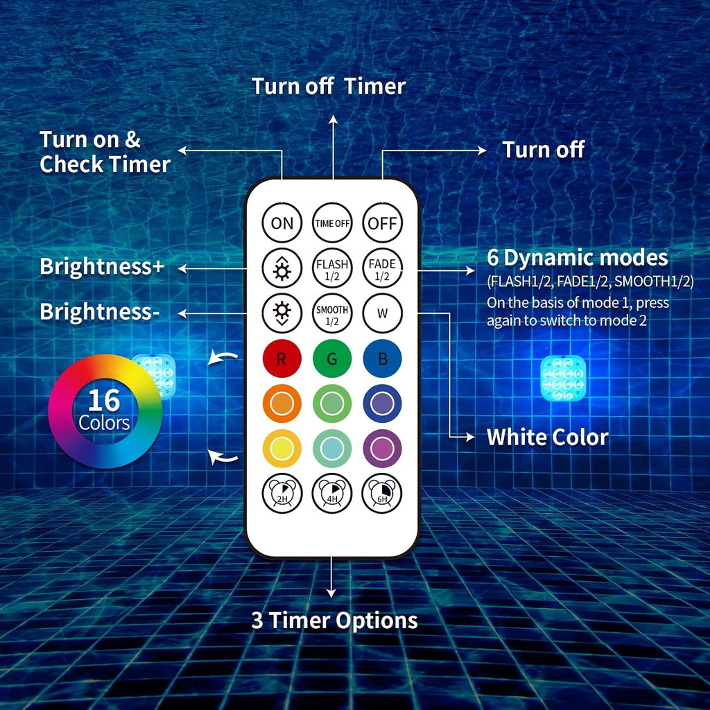 Rechargeable Submersible Pool Lights with Remote, Waterproof Underwater Charging Battery Operated Controlled 16 Color