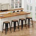 24" Metal Bar Stools Set of 4 Black Counter Height Stools with Wood Seat Stackable Backless Industrial Style Stools