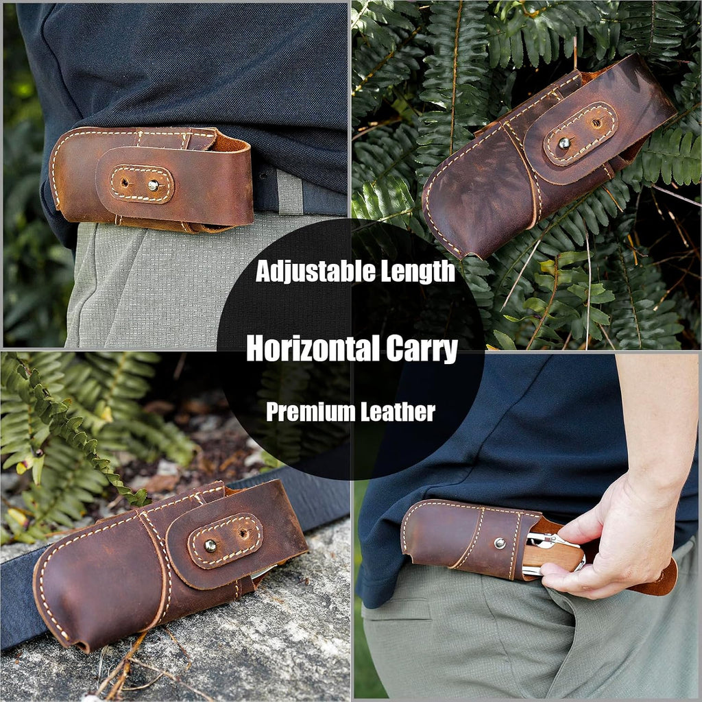 Leather Pocket Knife Sheath - Belt Loop EDC Belt Organizer - Horizontal Carry Knife Holder- Multitool Sheath with Two