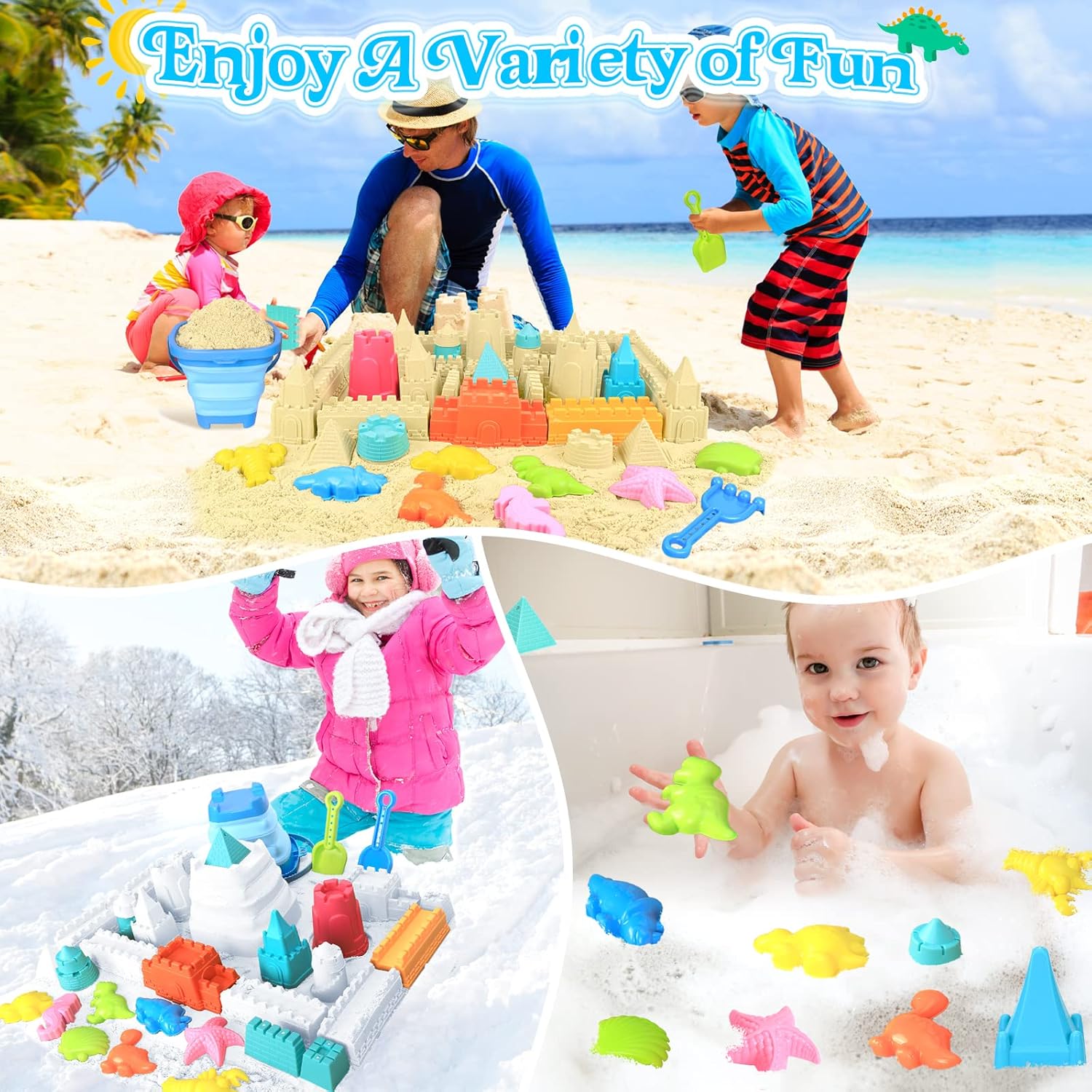 Collapsible Beach Toys for Kids Toddlers, Collapsible Sand Bucket and Shovels Set with Mesh Bag,Travel Sand Castle