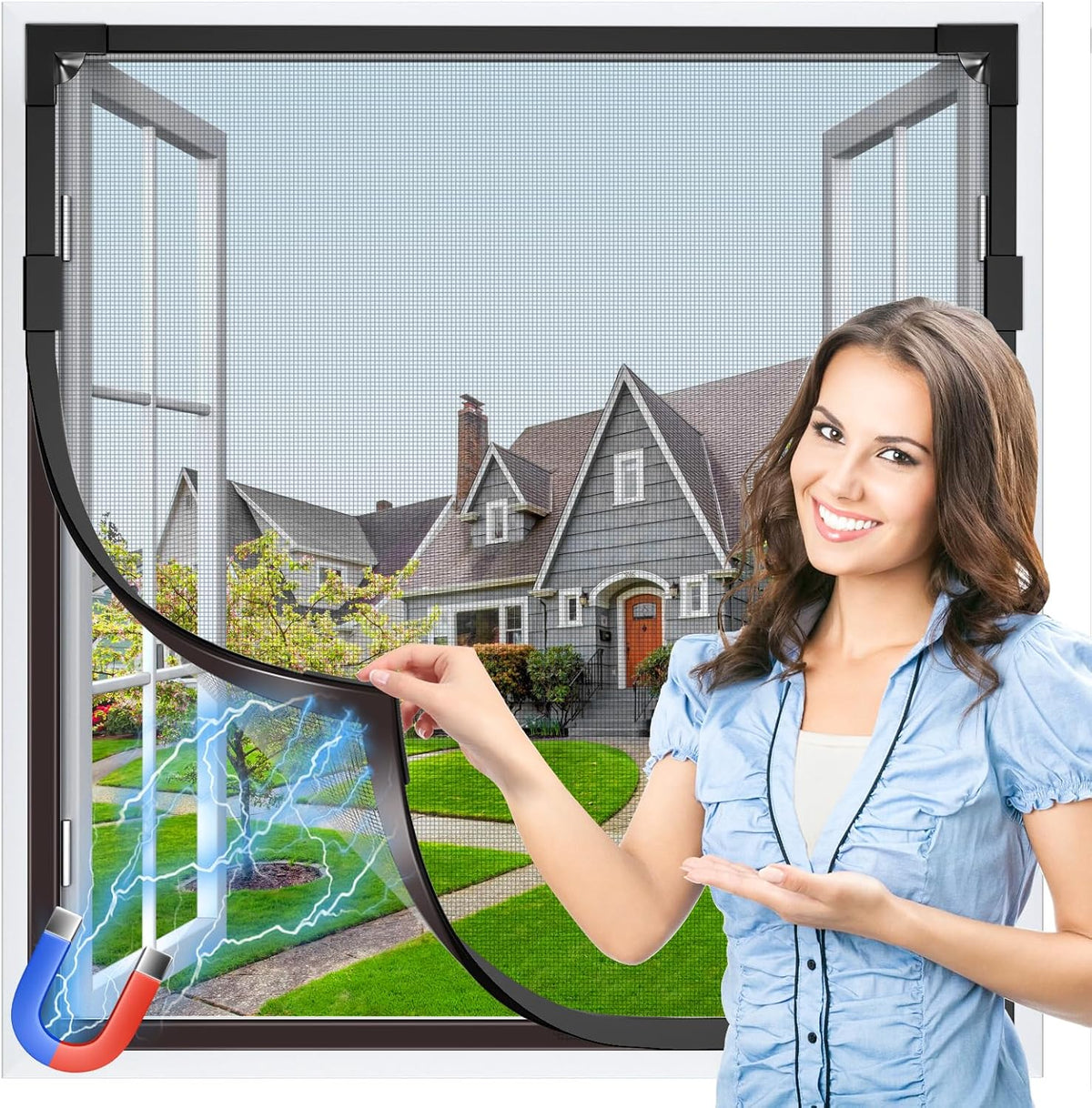 Window Screen Adjustable Magnetic Window Screen Replacement Max 39” x 59”, DIY Fiberglass Mesh Window Screens for