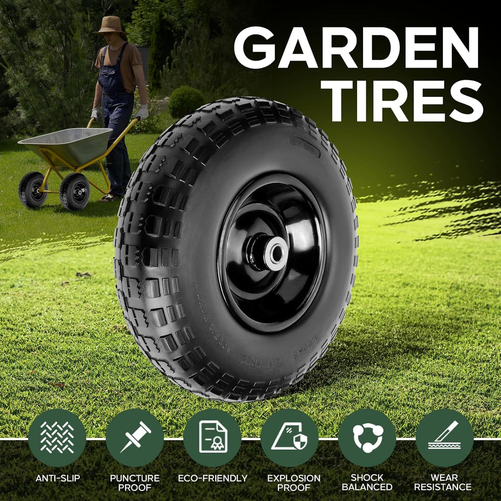 1 PC 13 Inch Rubber Solid Flat Free Replacement Tires and Wheels 4.00-6 with 5/8'' Axle Bore Hole, Air Less Wheel for