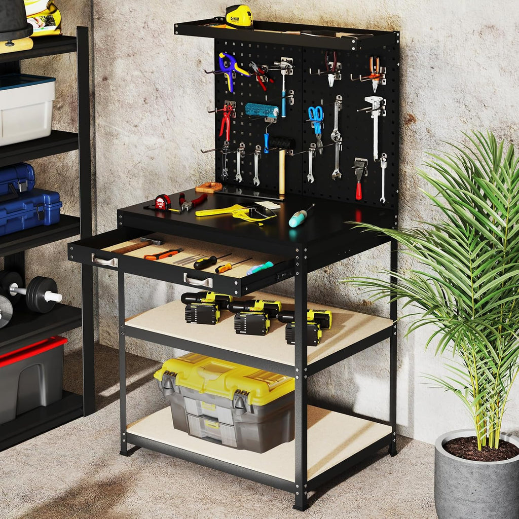 32" Work Bench with Drawer, Pegboard and 19 PCS Hanging Kits, Black | Heavy Duty Garage Work Table, Tool Bench