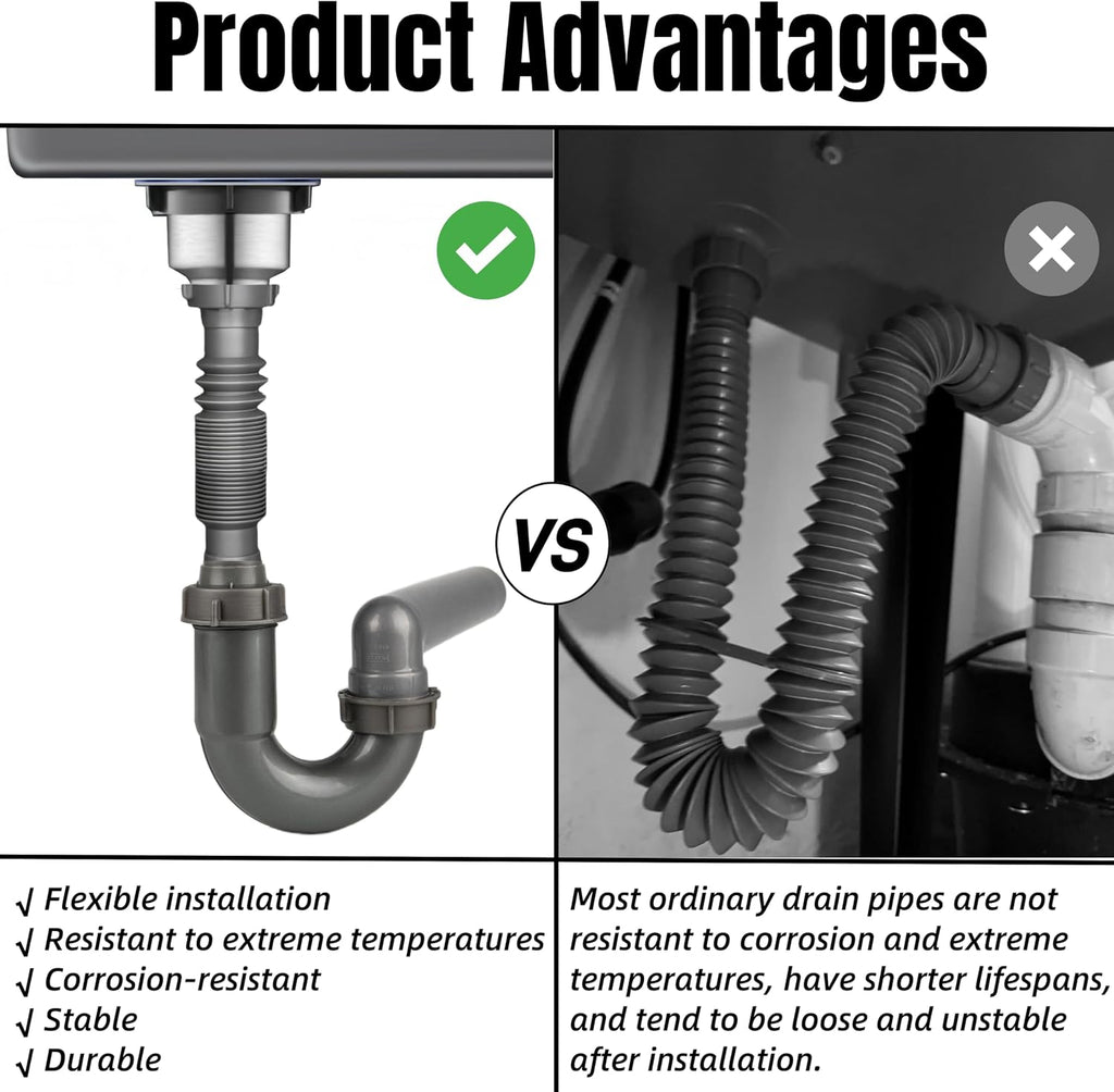 Flexible Sink Drain Kit, 1-1/2 In Expandable P-Trap For Wall Outlet | 1-1/4 In Adapter Included, Tool-Free Setup