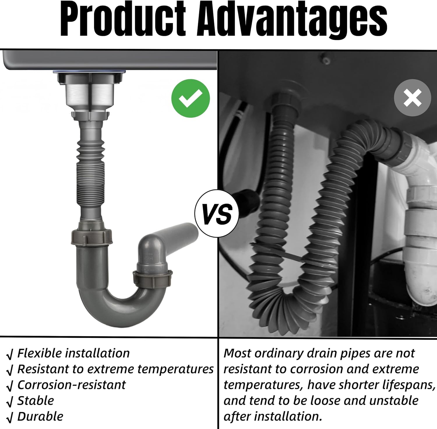 Flexible Sink Drain Kit, 1-1/2 In Expandable P-Trap For Wall Outlet | 1-1/4 In Adapter Included, Tool-Free Setup