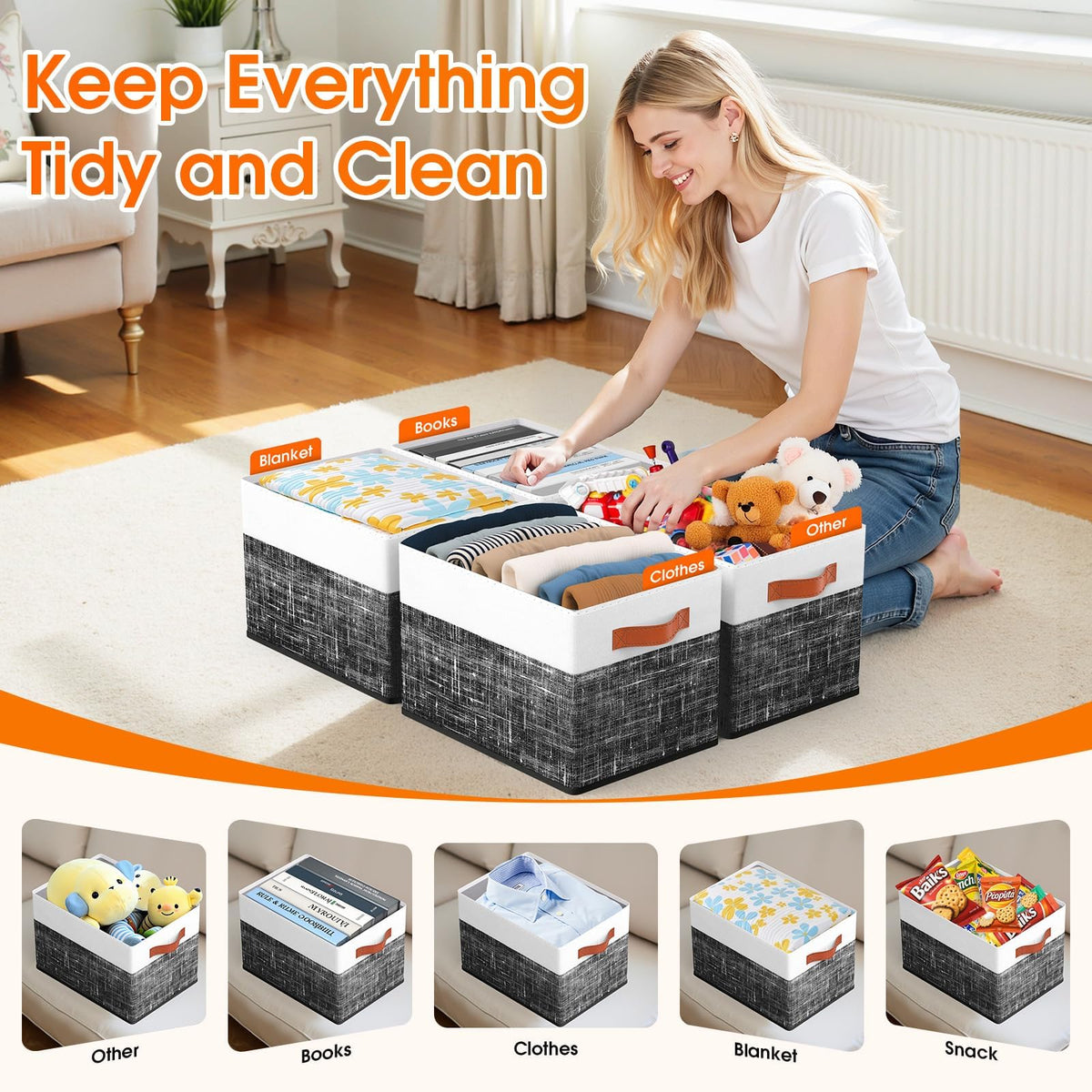 Collapsible Storage Baskets for Shelves,14"x10", 6 Pack Foldable Fabric Storage Bins with Double Leather Handles